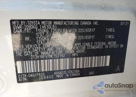 2021 Toyota Rav4 Le from USA, damaged, VIN 2T3H1RFV7MC152142